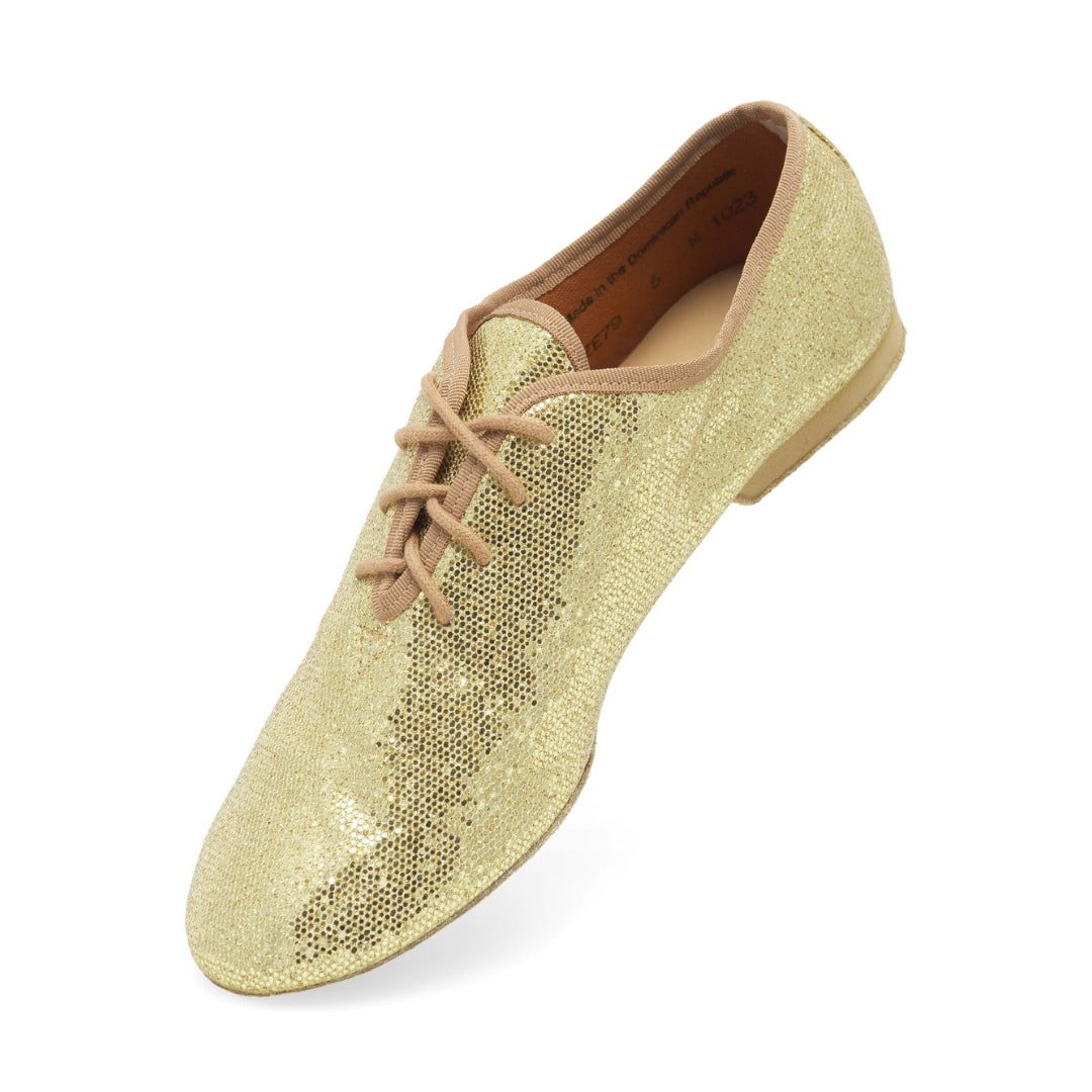 JZE79 So Danca Jazzschuhe in Gold von Rumpf; Paillettenbesetzter Schnürer mit hellbrauner Sohle, hoher Tragekomfort, schräger Blick.
